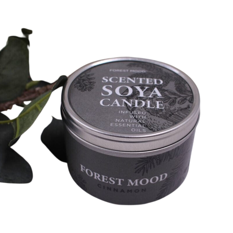 "FOREST MOOD" soy candle in a metal container with the aroma "Cinnamon"