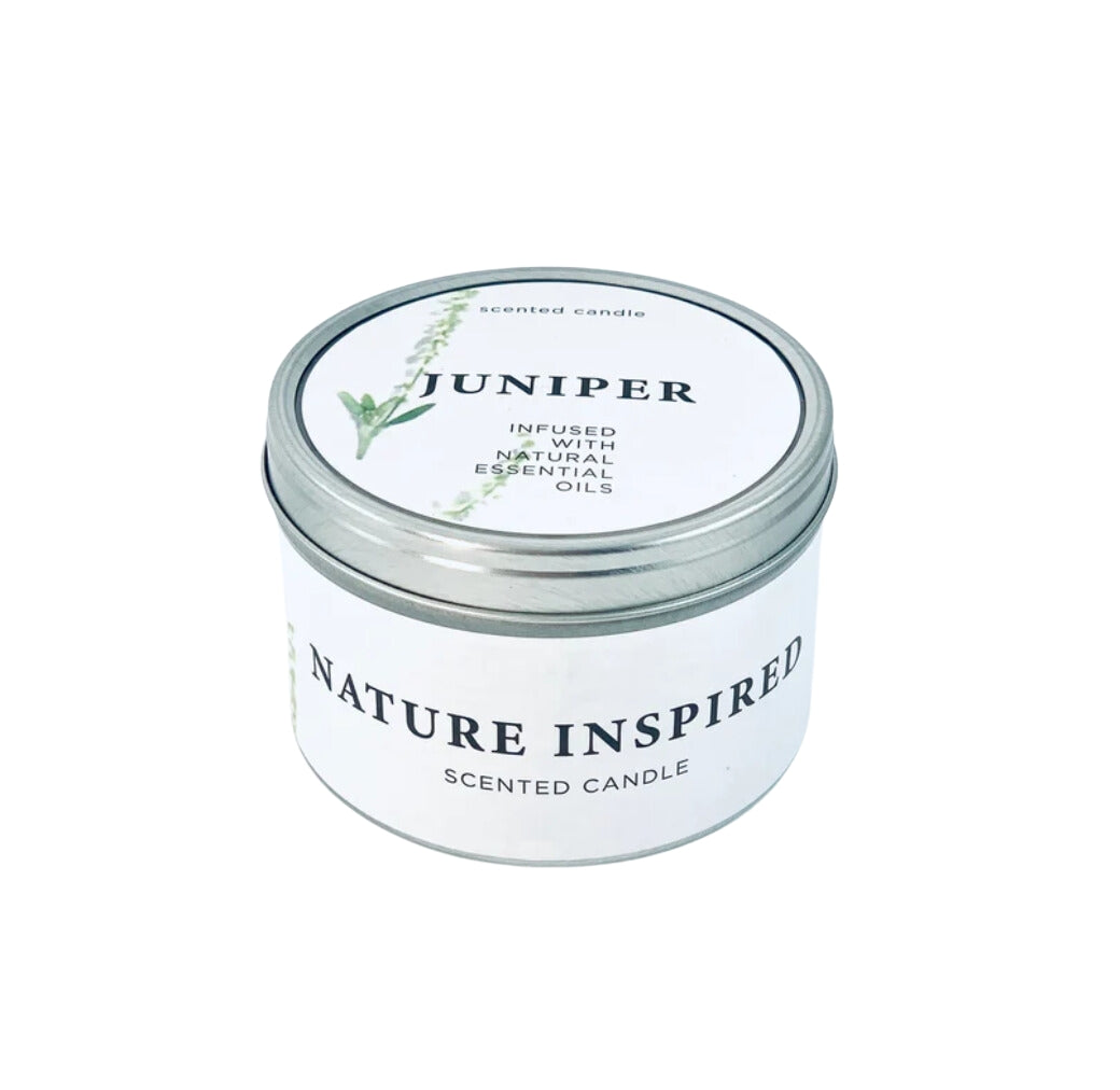 "FOREST MOOD" soy candle in a metal container with "Juniper" aroma.