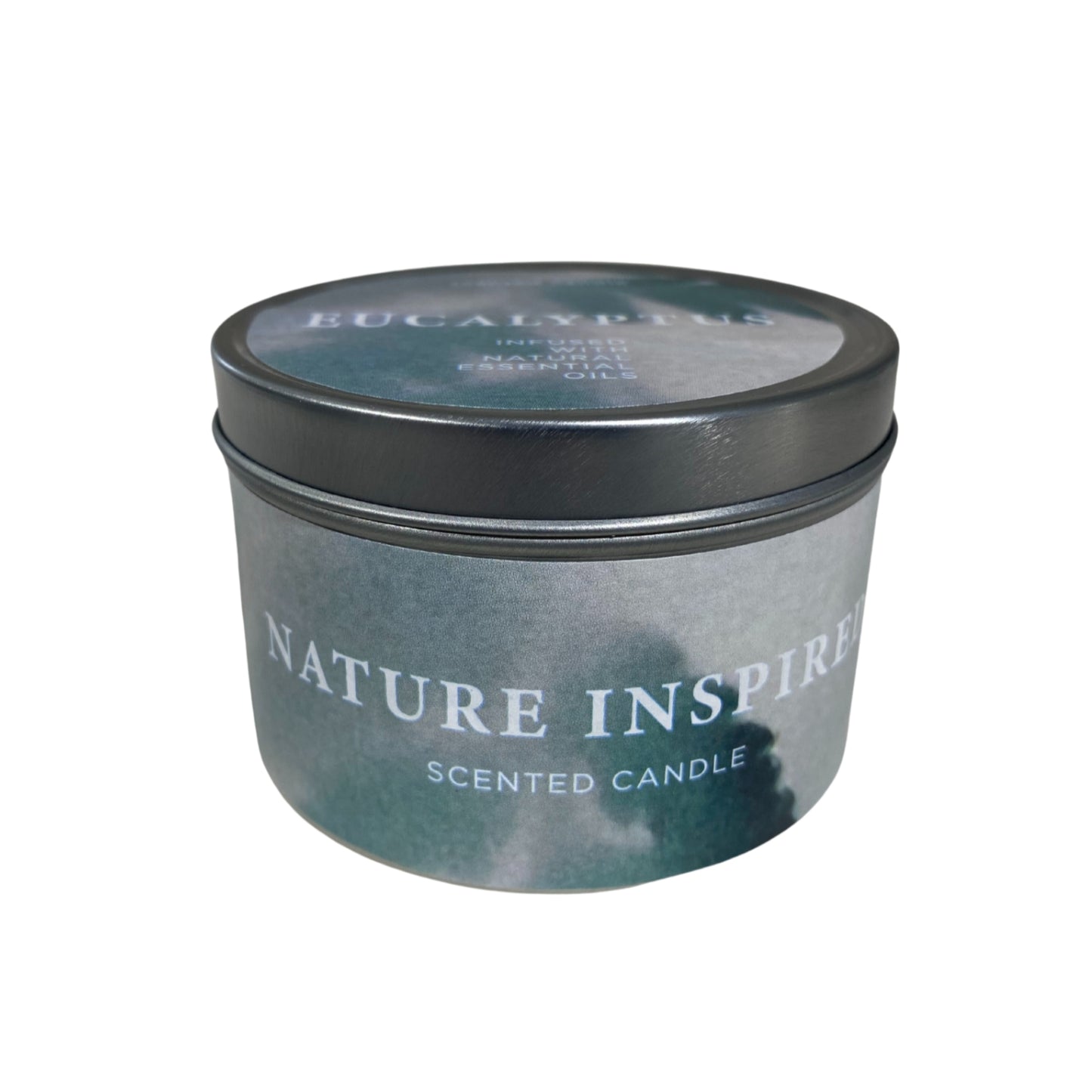 "FOREST MOOD" soy candle in a metal container with "Eucalyptus" aroma