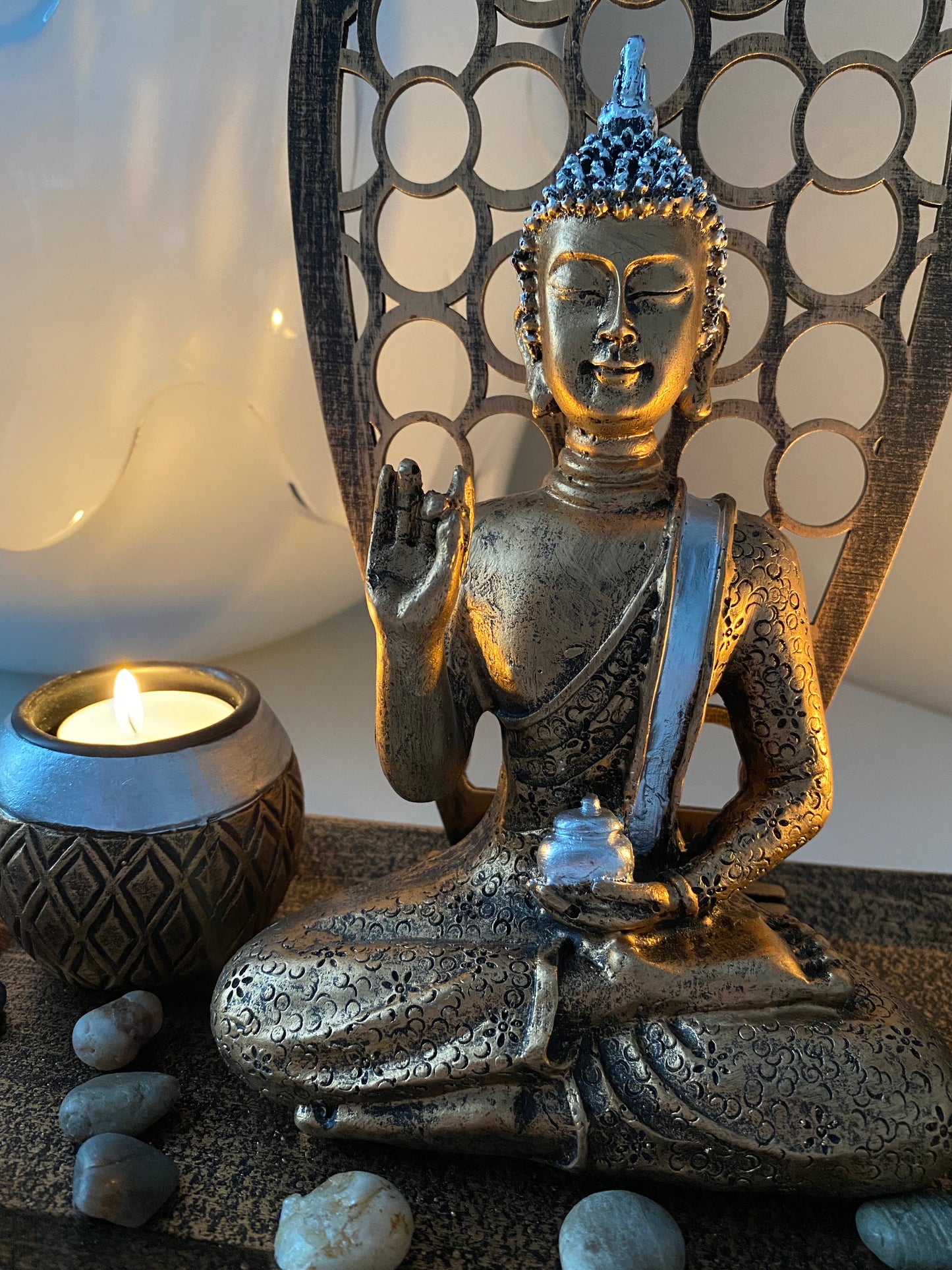 Buddha figure set with candlesticks, L35cm